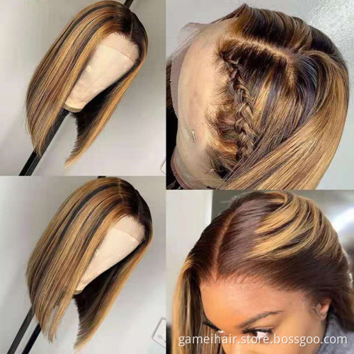 wholesale raw Indian virgin hair vendors  lace front high quality highlight 1B honey brown color straight bob human hair wigs